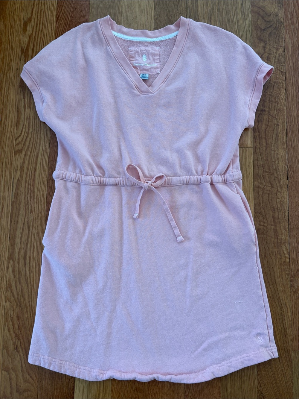 Tommy Bahama Peach Pink shortsleeved v neck Sweatshirt Dress Drawstring Waist M